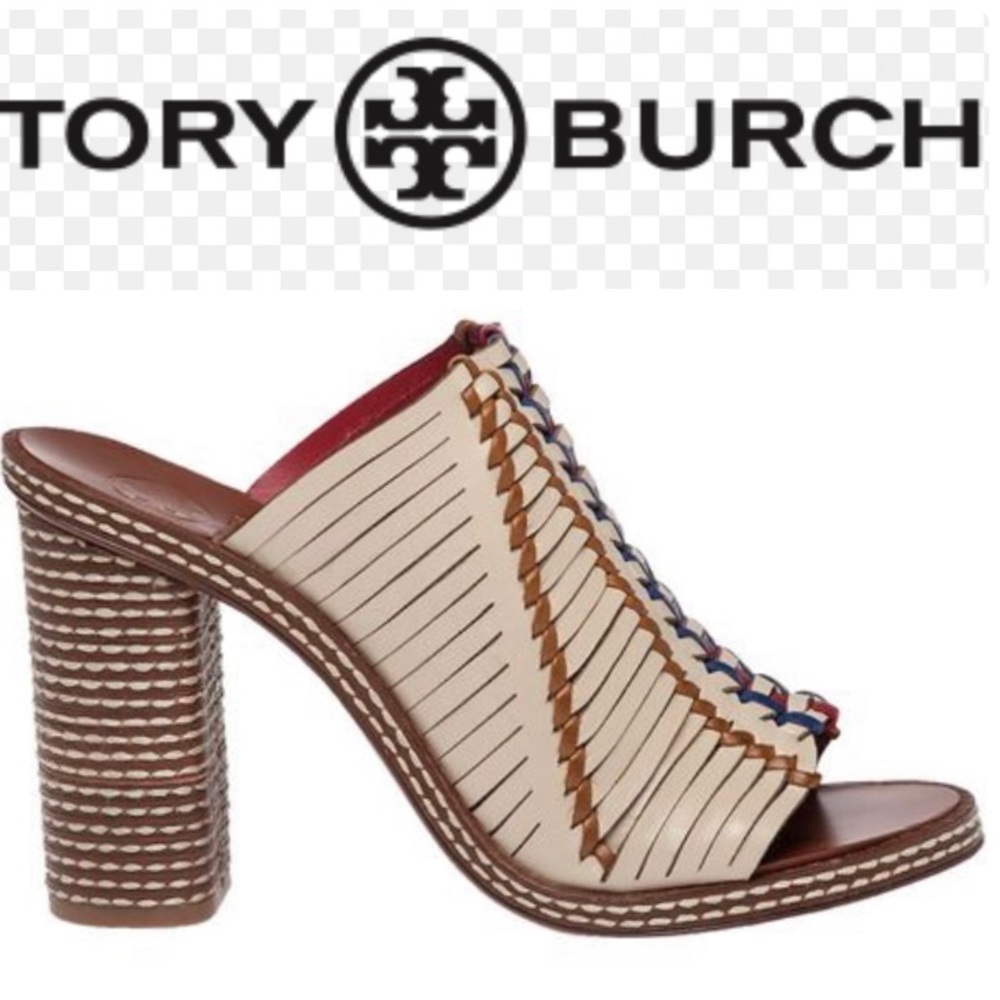 Tory Burch Cream, Brown & Red Braided Leather Heel Mules